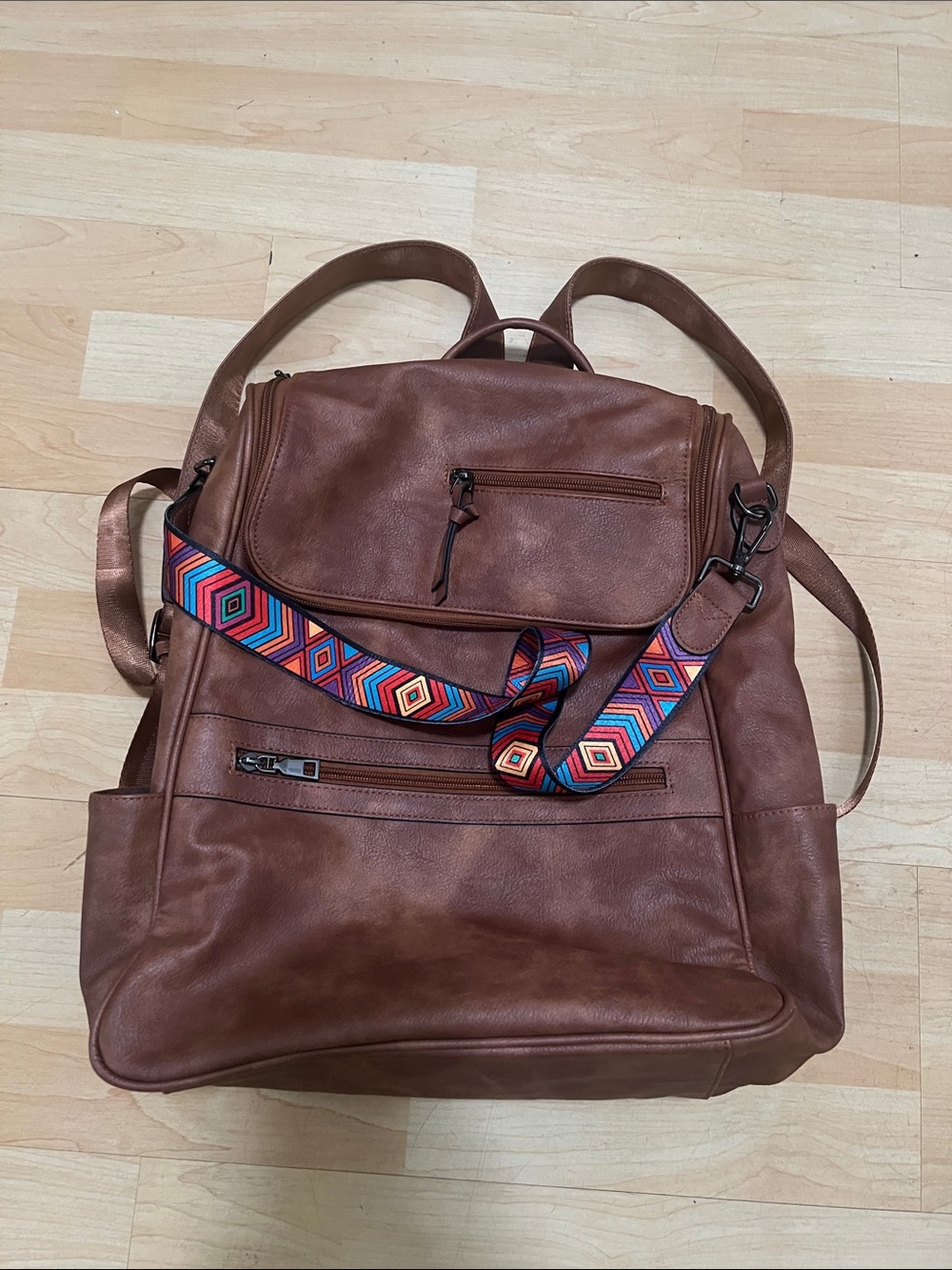 Brown Leather-Style Womens Laptop Backpack with Colorful Strap